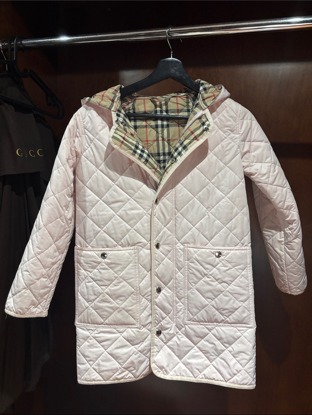 Burberry Light Pink Quilted Hooded Coat with Signature Plaid Lining
